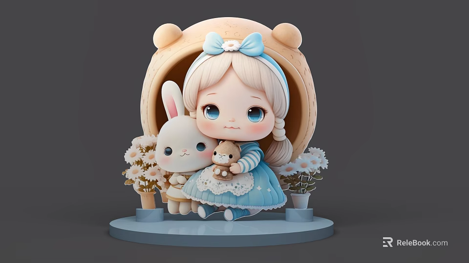 Cute Girl Holding Rabbit Doll And Teddy Bear With Bear Ear Arch And Flowers 3d model 
