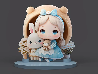 Cute Girl Holding Rabbit Doll And Teddy Bear With Bear Ear Arch And Flowers 3d model
