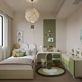 Kids Room Interior With Green Accents Wicker Pendant Light Bed Desk And Decorative Wall Art