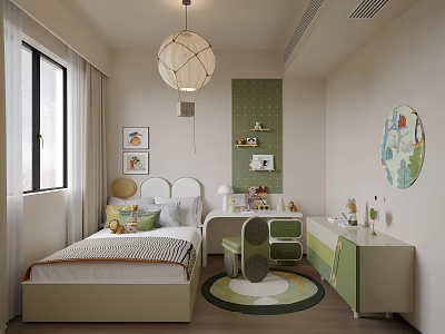 Kids Room Interior With Green Accents Wicker Pendant Light Bed Desk And Decorative Wall Art 3d model