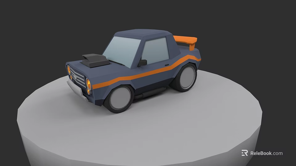 Cartoon Style Blue Car With Orange Stripes And Sporty Spoiler On Round Platform 3d model 