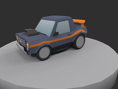 Cartoon Style Blue Car With Orange Stripes And Sporty Spoiler On Round Platform 3d model