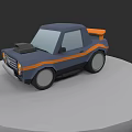 Cartoon Style Blue Car With Orange Stripes And Sporty Spoiler On Round Platform