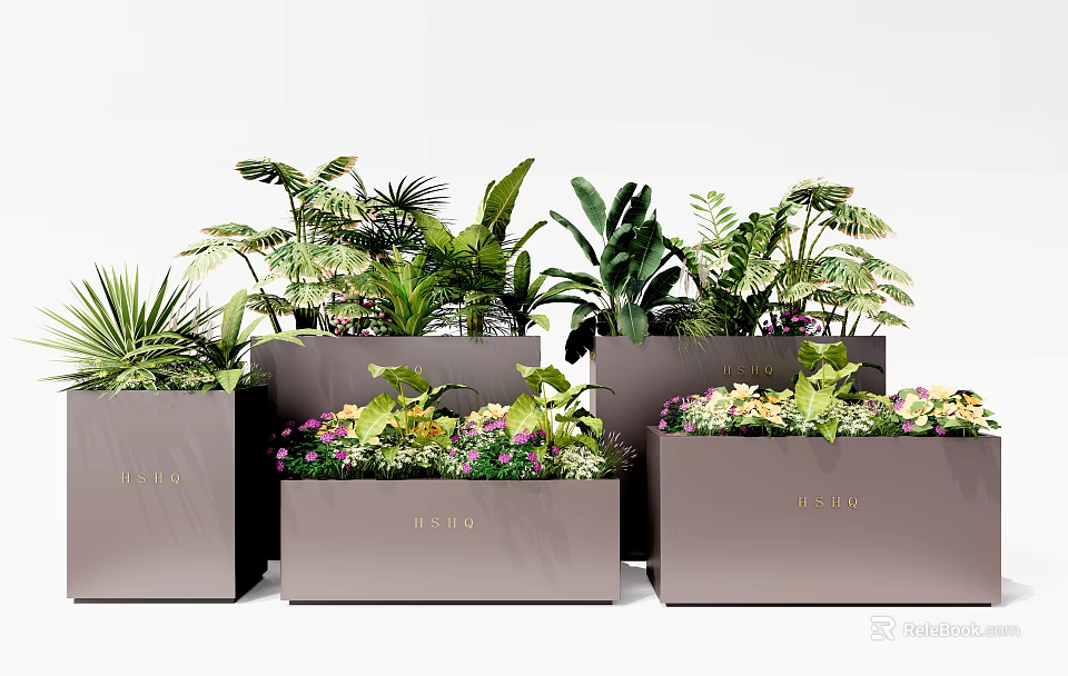 Modern Square Flower Pots with Green Foliage and Colorful Flowers for Garden Decoration 3d model 