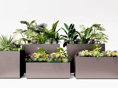 Modern Square Flower Pots with Green Foliage and Colorful Flowers for Garden Decoration 3d model