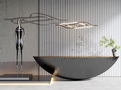 Curved Black Reception Desk With Metal Sculpture Ring Pendant Light Greenery And Vertical Striped Partition 3d model
