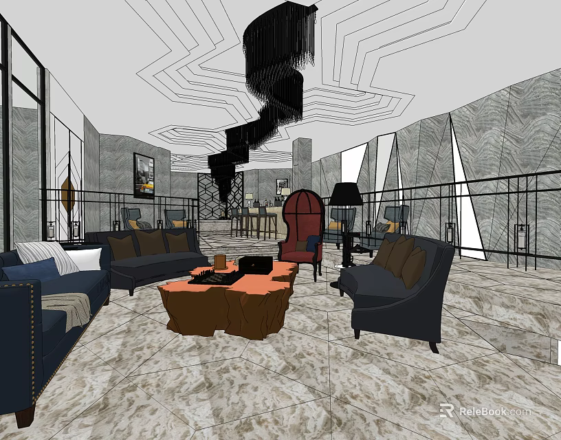 Modern Shop Front Desk Reception Area With Marble Floor And Stylish Sofa 3d model