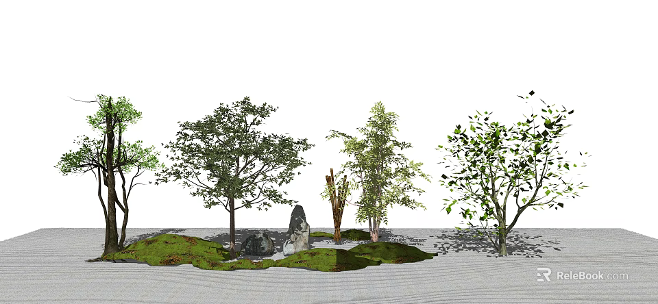 Garden Ornament Design Featuring Various Trees Rocks Lawn And Sand Area 3d model 