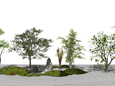 Garden Ornament Design Featuring Various Trees Rocks Lawn And Sand Area 3d model