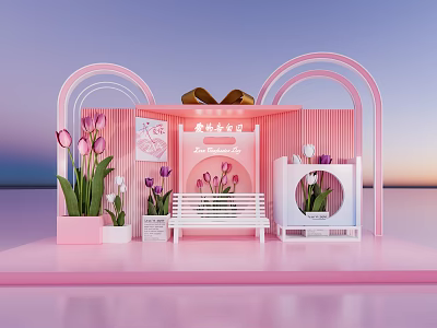 Pink Themed Photo Check In Spot With Arches Tulips And Bench Decorations 3d model