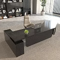 Black Modern Office Desk With Laptop And Small Potted Plant Near Bookshelf And Beige Chair