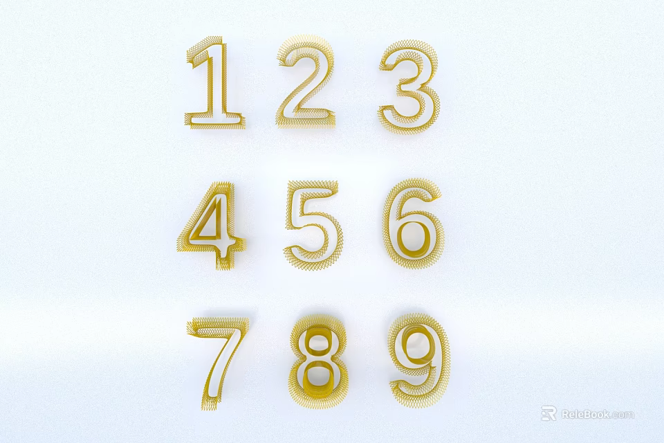 Golden Numbers 1 to 9 Arranged in Three Rows and Three Columns on White Background 3d model 