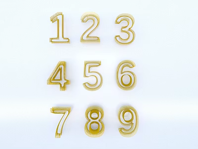 Golden Numbers 1 to 9 Arranged in Three Rows and Three Columns on White Background 3d model