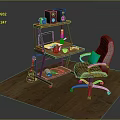 Wooden Desk Setup With Red Office Chair Laptop Speakers And Guitar