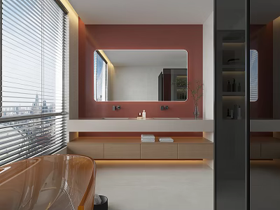 Modern Bathroom Interior Design With Large Mirror Double Sink Vanity Bathtub And Window Blinds 3d model