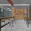 Modern Cafe With Large Windows Green View Long Wooden Table Metal Stools Hanging Lights