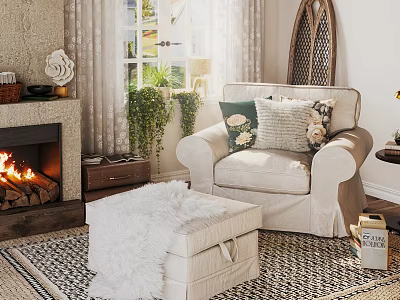 Cozy Living Room Interior with Fireplace Armchair Throw Pillows Ottoman Window Curtains and Rug 3d model