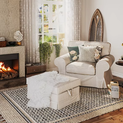 Cozy Living Room Interior with Fireplace Armchair Throw Pillows Ottoman Window Curtains and Rug 3d model