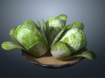 Fresh Green Cabbage Heads Arranged On A Wooden Plate For Healthy Eating 3d model