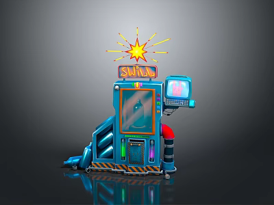 Retro Arcade Style Blue Home Storage Box With Shark Logo And Decorative Elements 3d model