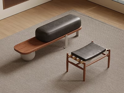 Two Modern Wooden Benches With Black Cushions And Metal Legs On Carpet 3d model