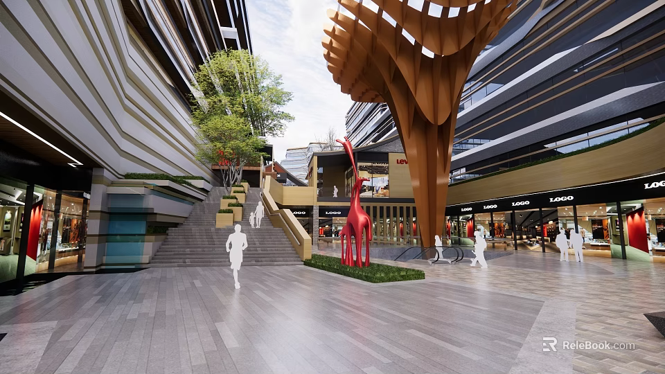 Commercial Landscape With Modern Architectural Design Wooden Lattice Roof Red Giraffe Sculpture And Pedestrian Square 3d model 