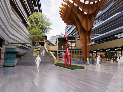 Commercial Landscape With Modern Architectural Design Wooden Lattice Roof Red Giraffe Sculpture And Pedestrian Square 3d model