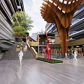 Commercial Landscape With Modern Architectural Design Wooden Lattice Roof Red Giraffe Sculpture And Pedestrian Square