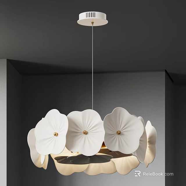 Modern White Petal Shaped Chandelier With Gold Accents In Gray Ceiling Indoor Space 3d model 