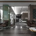 Elegant Modern Hotel Lobby Interior With Wooden Flooring Green Marble Wall And Leather Chairs