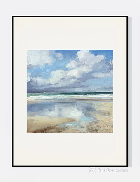 Beach Painting With Blue Sky White Clouds Waves And Sand Reflections 3d model 
