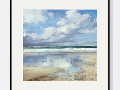 Beach Painting With Blue Sky White Clouds Waves And Sand Reflections 3d model