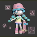 Cute Game and Movie Character With Pink Hat Blue Pigtails Skateboard and Pink Stars