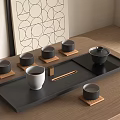 Modern Ceramic Tea Set with Black Tray Wooden Coasters and White Teacup