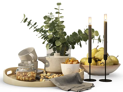 Home Tabletop Decorative Ornament Set With Eucalyptus Teapot Candles Pears Nuts And Wooden Tray 3d model
