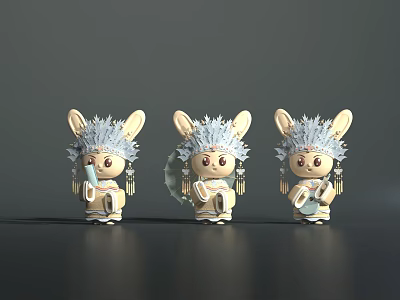Cute Rabbit Game Characters In Traditional Attire With Decorative Feathers And Accessories 3d model
