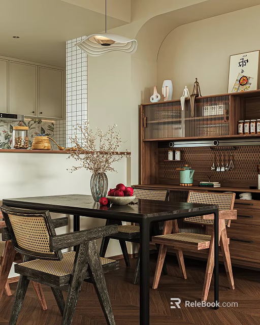 Elegant Modern Dining Room With Wooden Table Wicker Chairs Dried Branch Vase And Fruit Bowl 3d model 