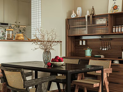 Elegant Modern Dining Room With Wooden Table Wicker Chairs Dried Branch Vase And Fruit Bowl 3d model