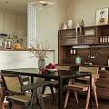 Elegant Modern Dining Room With Wooden Table Wicker Chairs Dried Branch Vase And Fruit Bowl