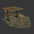 Rustic Wooden Table And Stools Set On Natural Stone Pavement For Outdoor Furniture