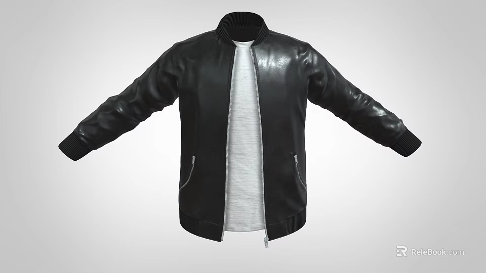 Black Leather Bomber Jacket With White T-shirt Underneath Zipper Front And Pockets 3d model 