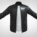 Black Leather Bomber Jacket With White T-shirt Underneath Zipper Front And Pockets