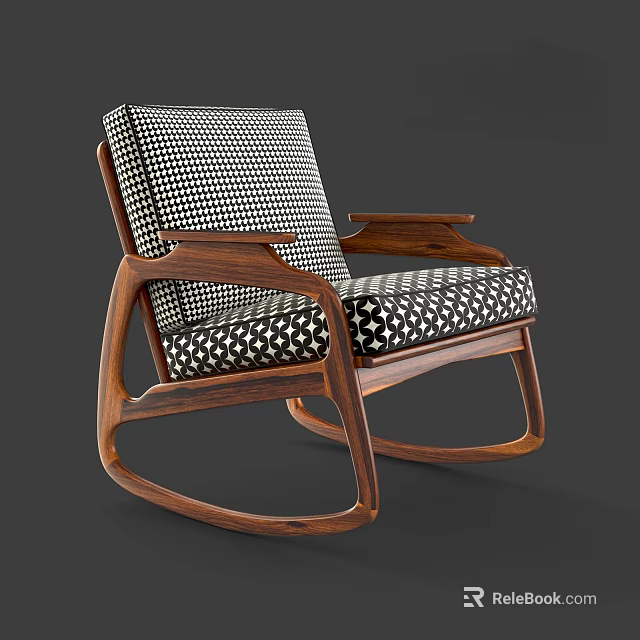 Stylish Leisure Chair with Wooden Frame Black White Checkered Upholstery and Rocking Armrests Design 3d model 