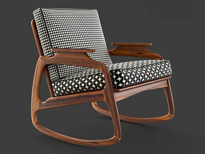 Stylish Leisure Chair with Wooden Frame Black White Checkered Upholstery and Rocking Armrests Design 3d model