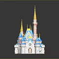 Colorful Fairy Tale Castle with Blue Roofs Golden Spires and Pink White Exterior