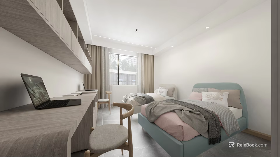 Modern Kids Room Interior with Blue Bed Pink Gray Bedding Desk Chair and Curtains 3d model 
