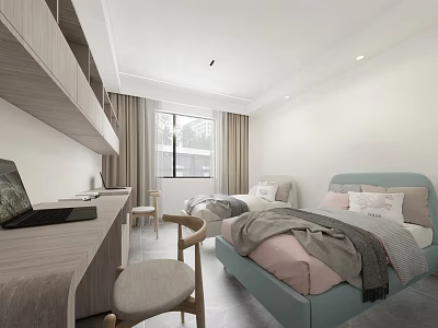Modern Kids Room Interior with Blue Bed Pink Gray Bedding Desk Chair and Curtains 3d model