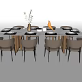 Modern Dining Table Set Featuring White Table Eight Brown Chairs And Decorative Vase 3d model
