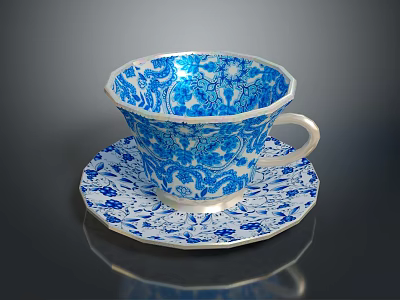 Blue and White Porcelain Teacup with Saucer Featuring Decorative Floral Patterns 3d model