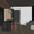Modern Apartment Interior With Dark Cabinets Red Chair Sofa And Wooden Flooring